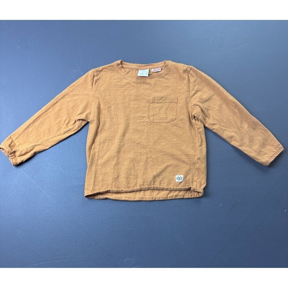 Zara Baby Shirt Toddler 4-5Y Brown Long Sleeve Pocket Cotton Casual Skater Tee